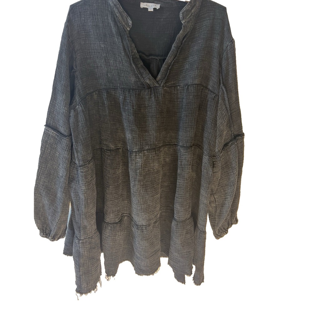 White Birch Black Mineral‎ Wash Women L Dress Blouse Gauze Tiered Cotton Boho